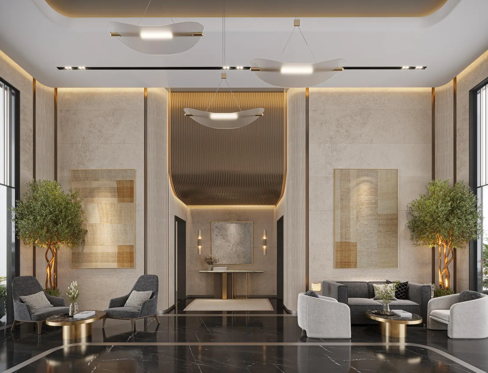 Double-height arrival lobby with stone walls and olive trees