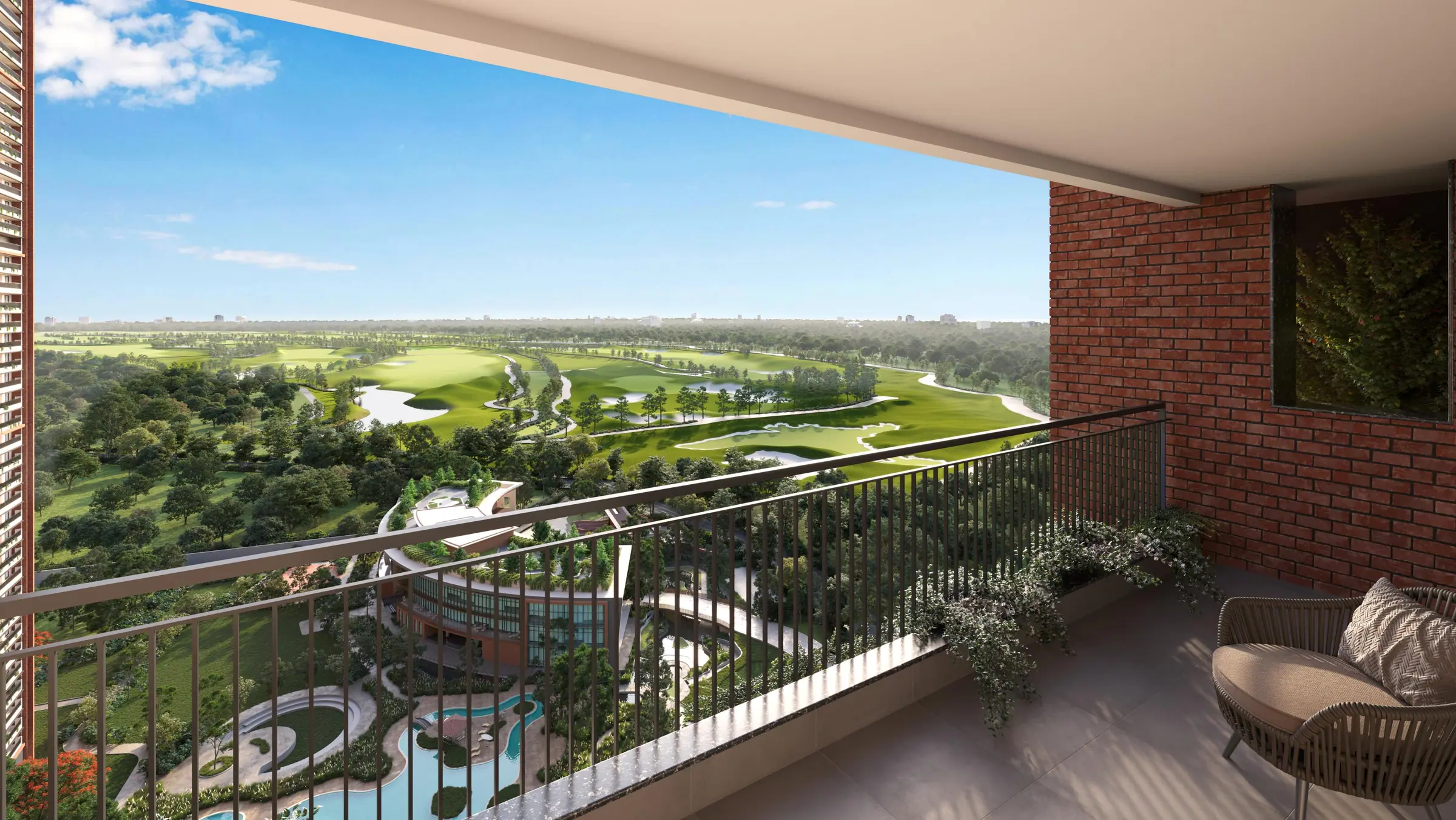 Balcony view across the Karma Lakelands golf course, lakes and forest to the horizon