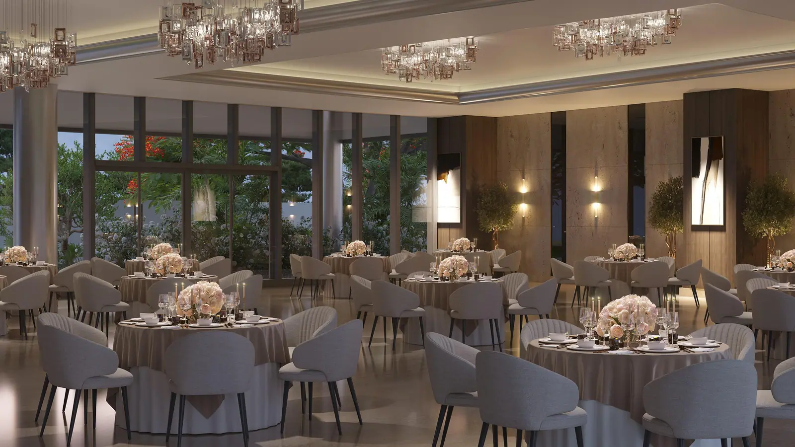 Multipurpose banquet hall set for a celebration