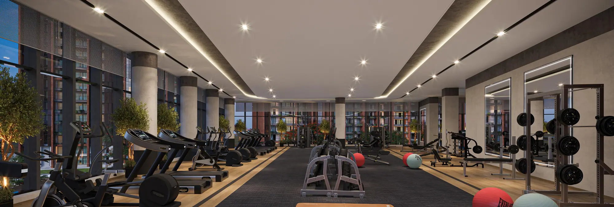 Fully equipped gym with treadmills and free weights