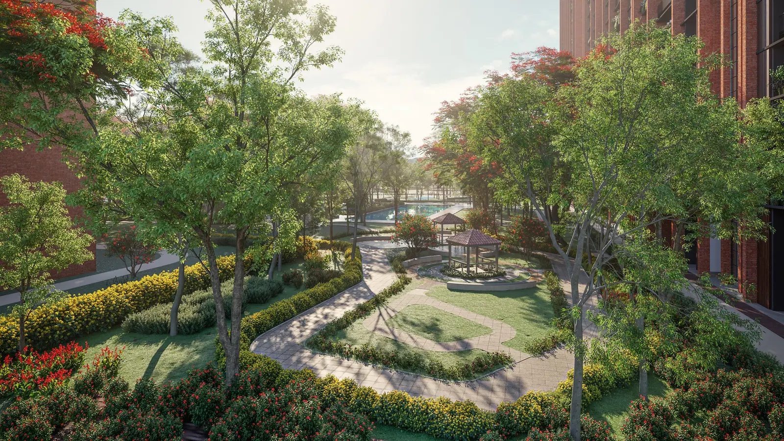 Healing garden with winding paths, gazebos and flowering beds