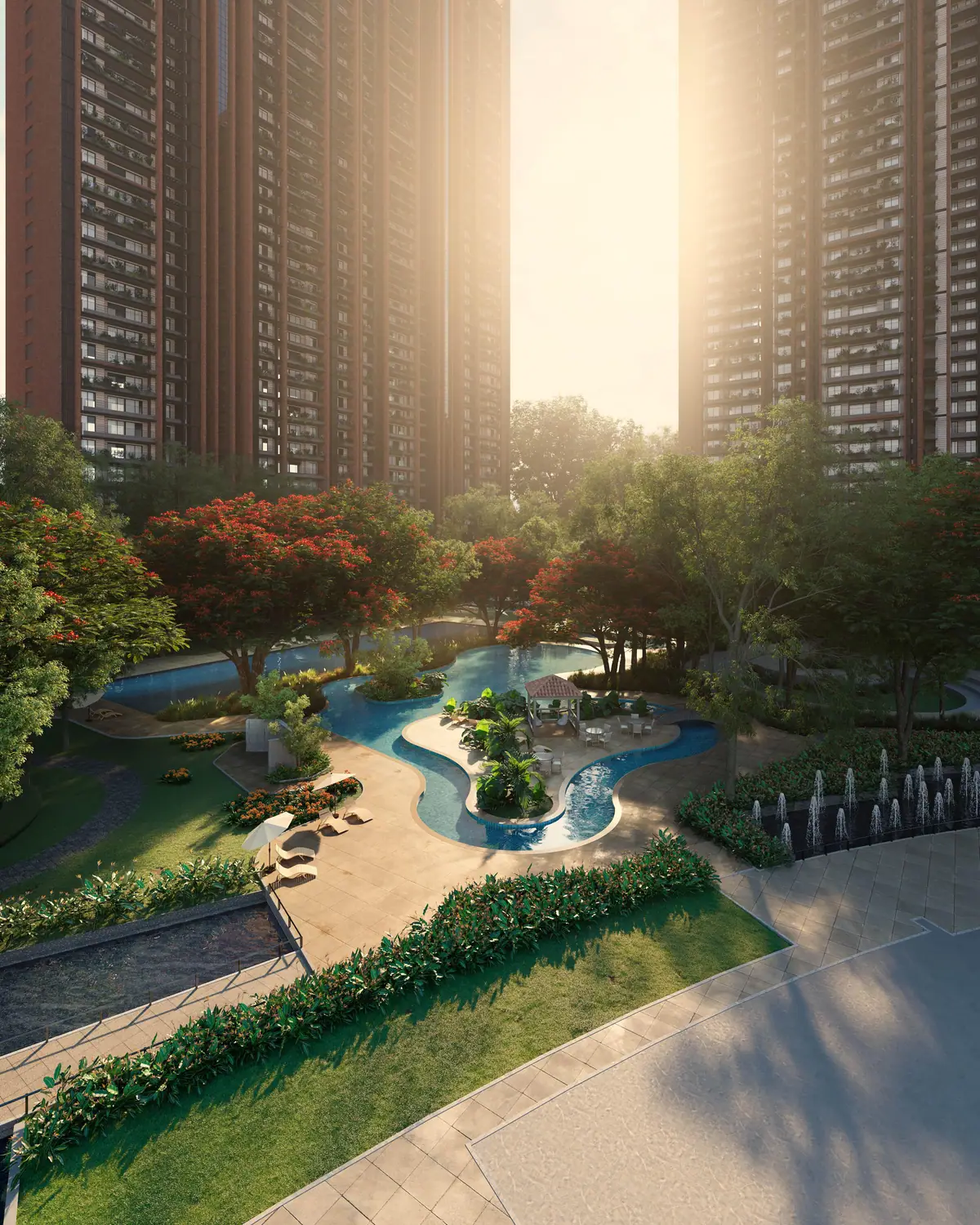 The Island Cove water feature surrounded by gardens