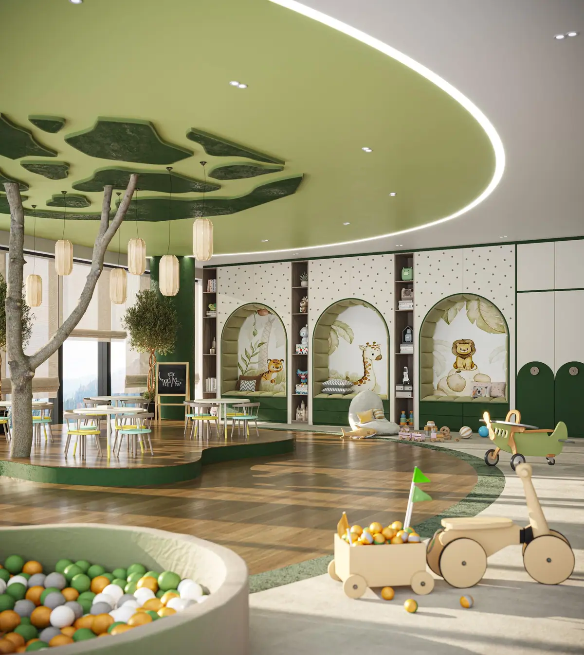 Kids' play room with a ball pit and jungle-themed murals