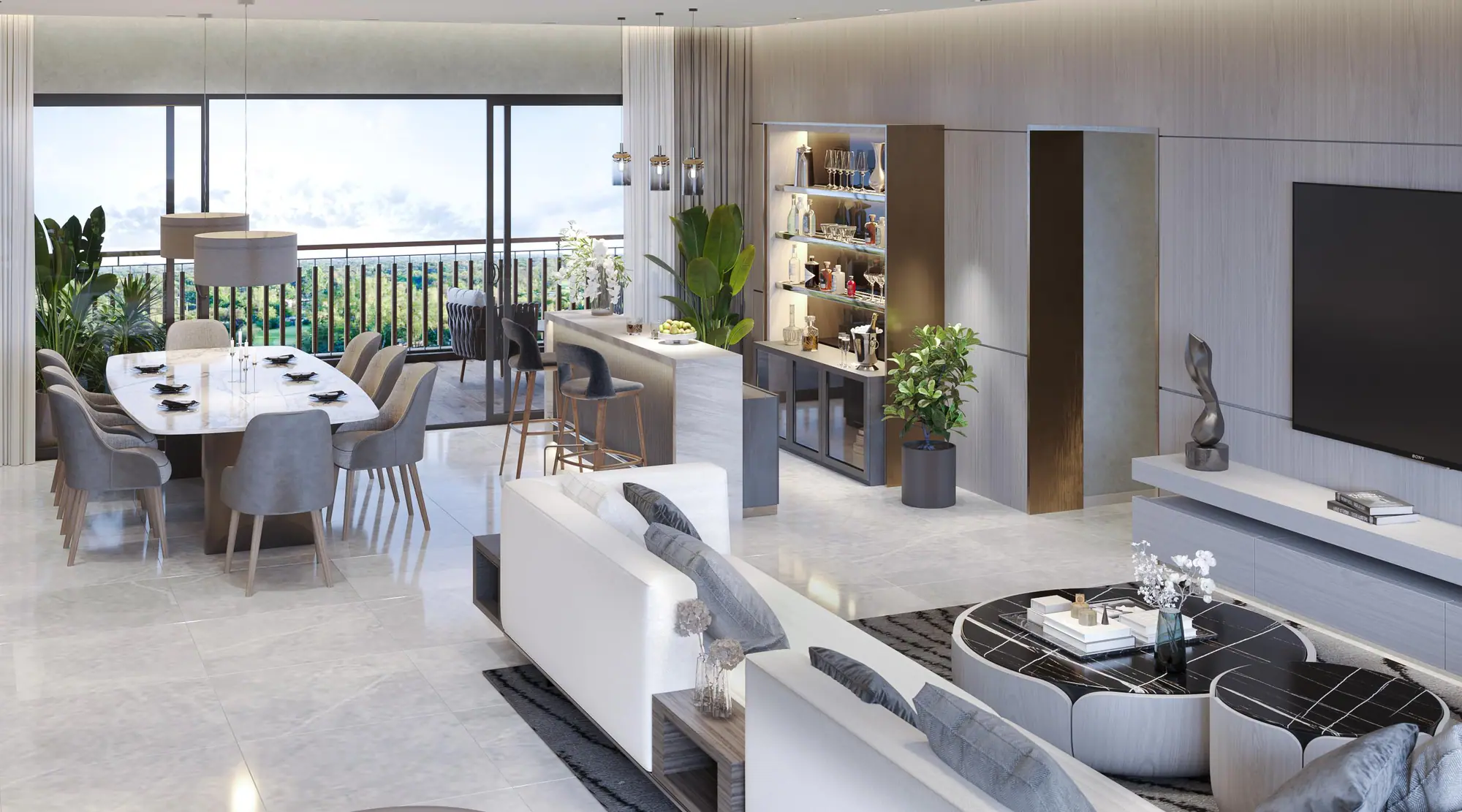 Open living and dining area with a twelve-seater table and balcony views