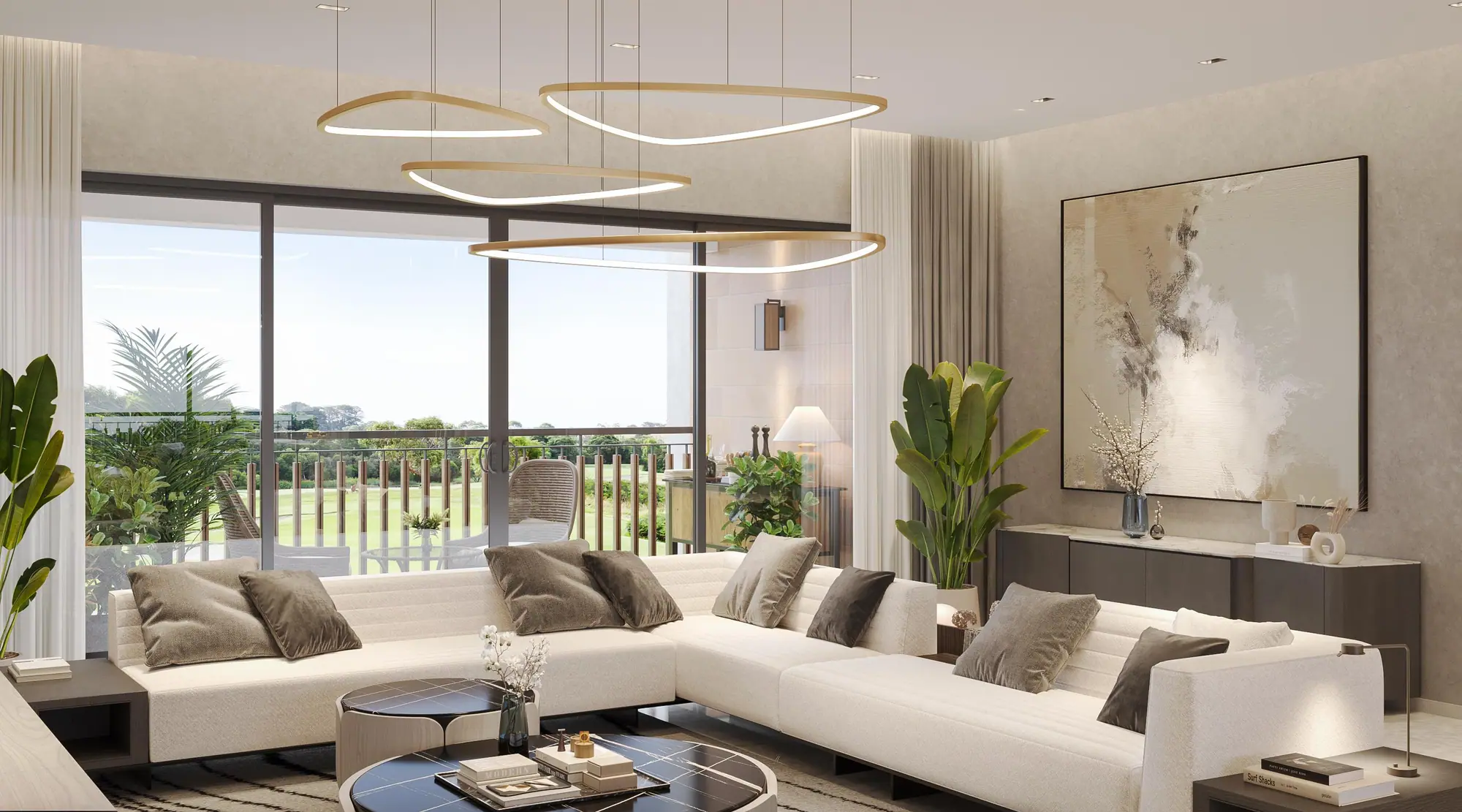 Living room with sculptural ring chandeliers and a balcony overlooking the golf course