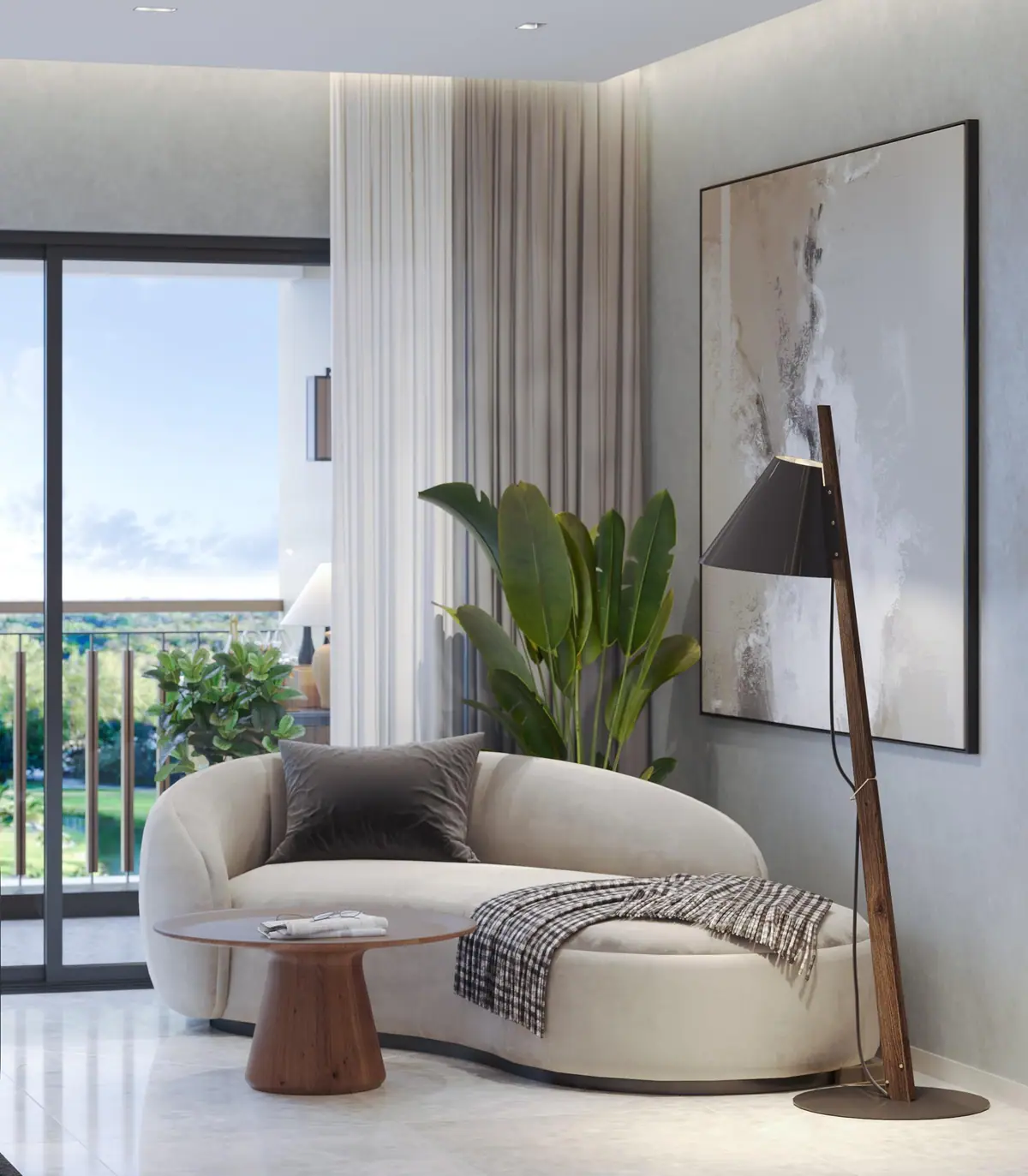Lounge corner with a curved sofa beside floor-to-ceiling glass