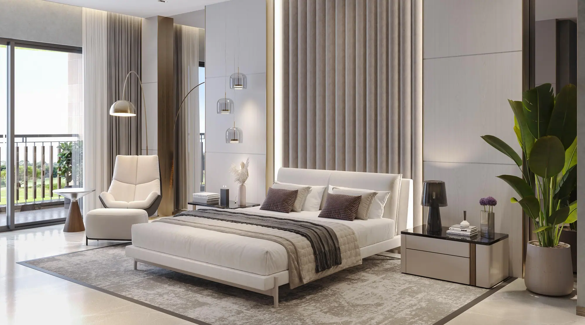 Master bedroom with fluted headboard wall and a private balcony