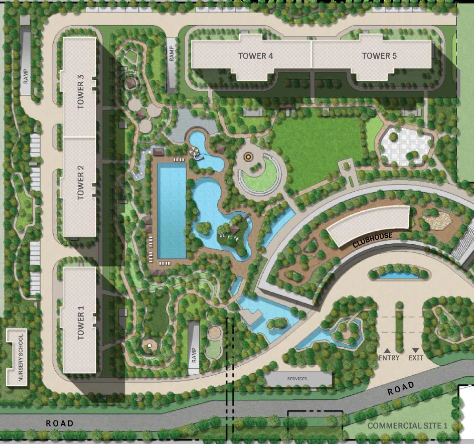SOBHA Aranya master plan showing Towers 1 to 5, the central clubhouse, pools and gardens
