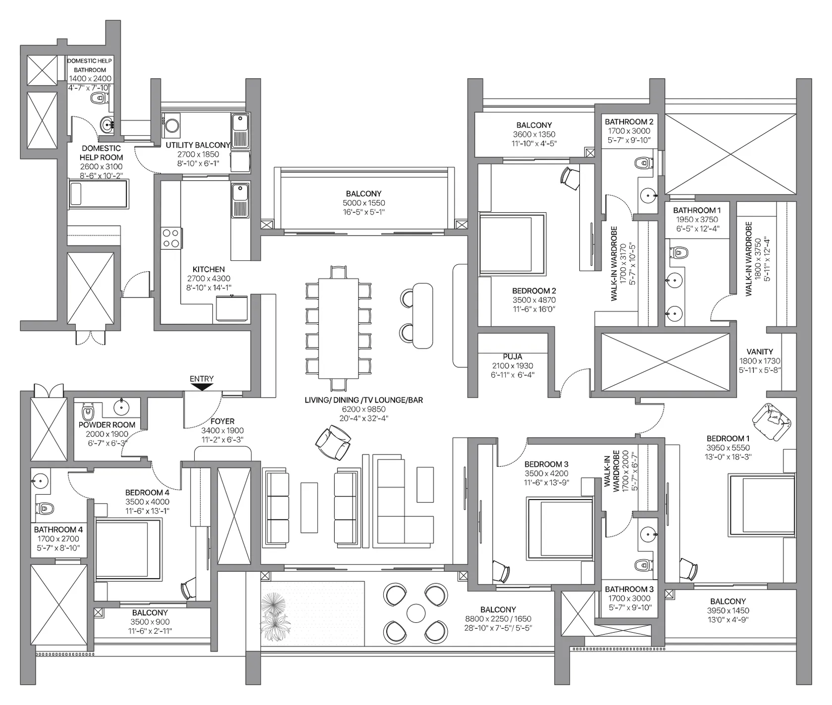 Floor plan of Type A2, 4 bed residence with domestic help room, Tower 2