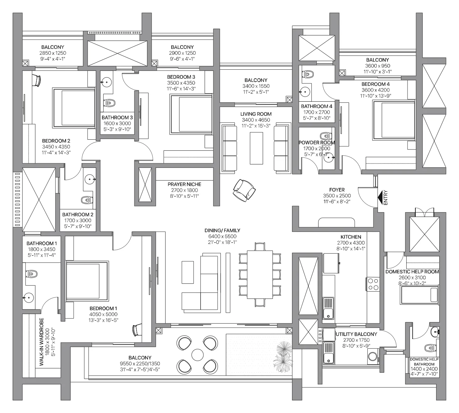Floor plan of Type B1, 4 bed residence with domestic help room, Tower 2