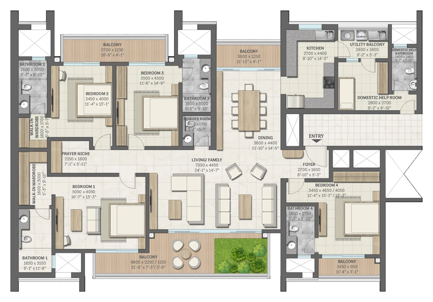Floor plan of Type C1, 4 bed residence with domestic help room, Tower 4