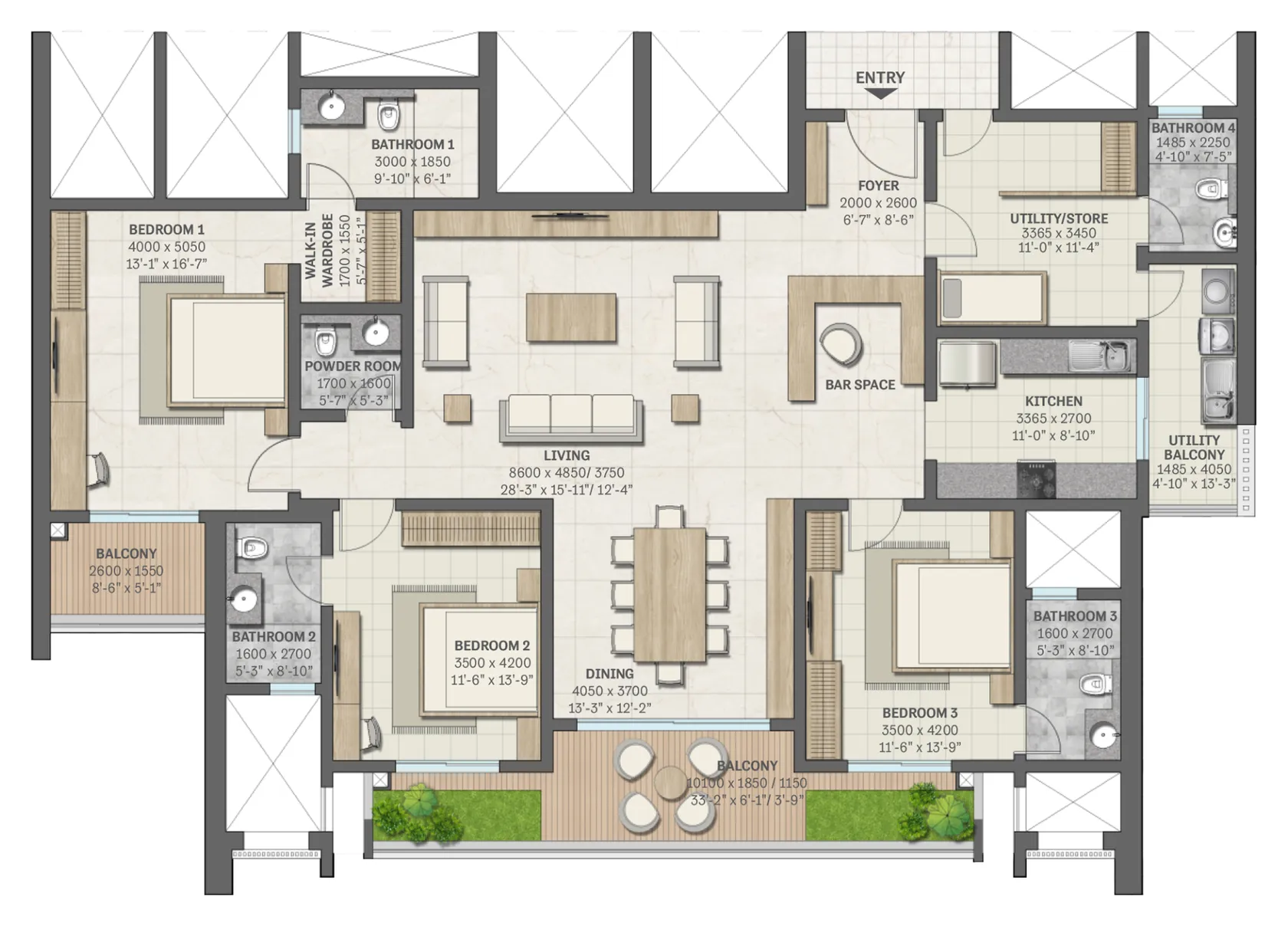 Floor plan of Type D1, 3 bed residence with utility, Tower 4
