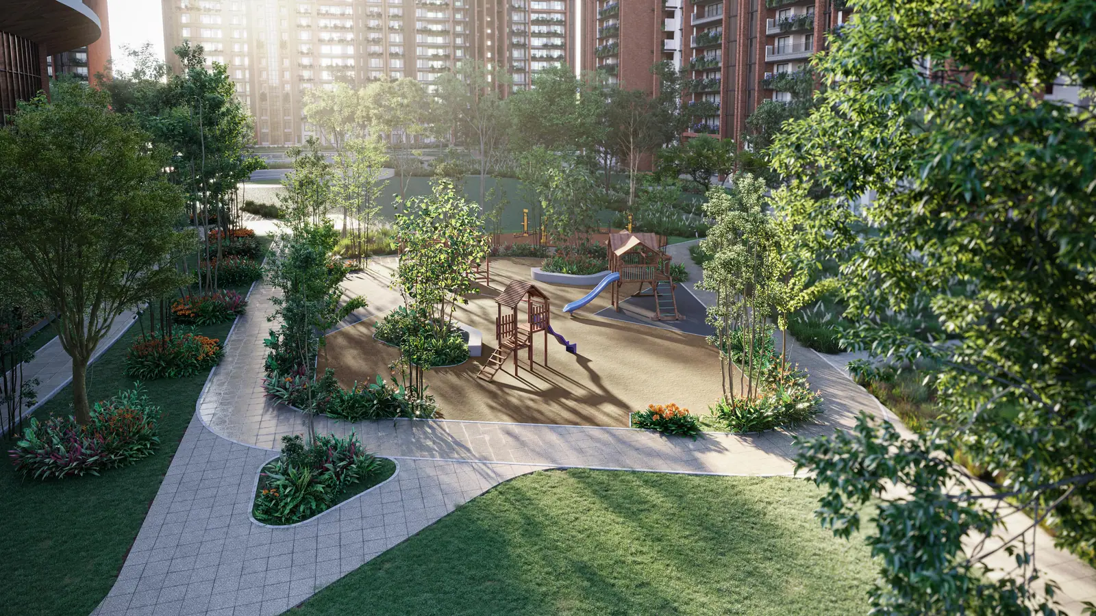 Play plaza with play equipment under trees