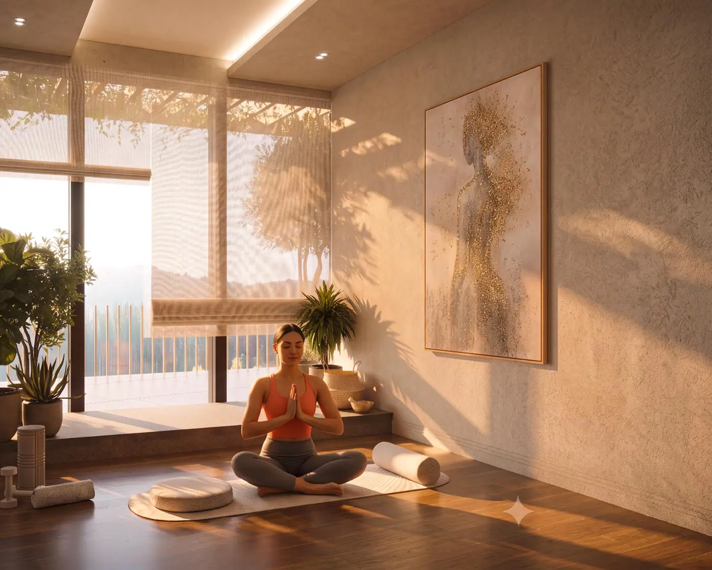 Sunlit yoga and meditation room